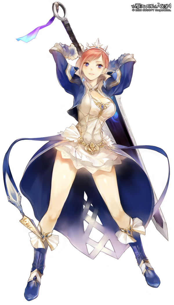 1girl aion blue_boots blue_eyes blue_jacket blush boots breasts character_request cleavage cleavage_cutout copyright_name cropped_jacket dress earrings expressionless full_body gloves hair_bun holding_sword holding_weapon huge_weapon jacket jewelry knees lips navel redhead sen_tatohoka short_dress simple_background slim_waist solo spread_legs sword sword_behind_back thighs tiara tight_dress weapon white_background white_dress white_gloves