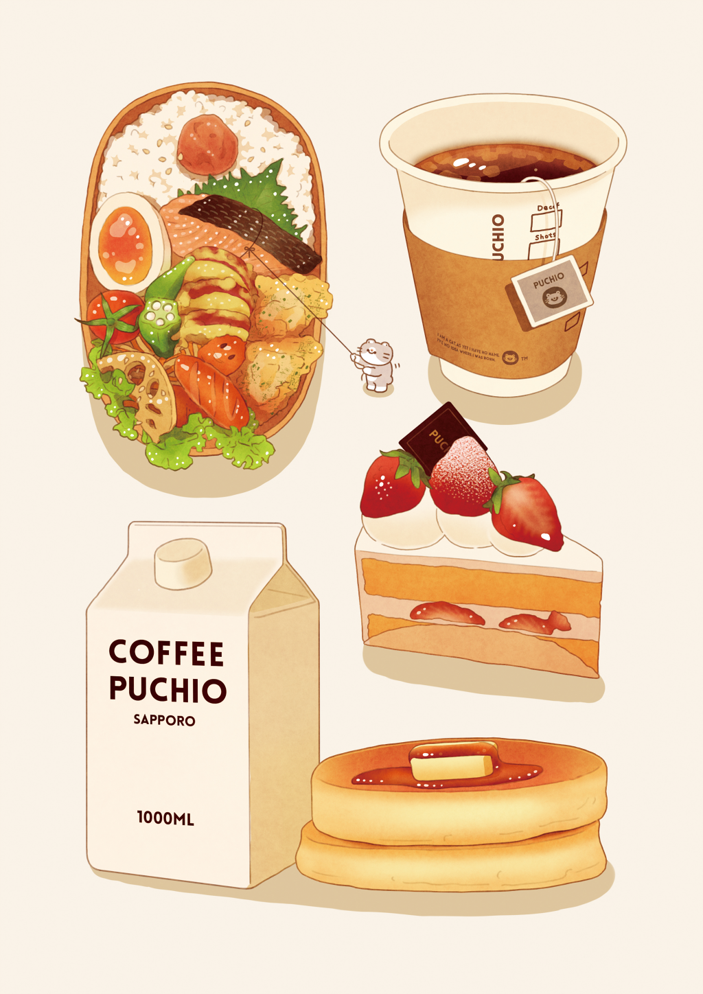 animal butter cake carton cat chocolate coffee cup egg english food fruit hardboiled_egg highres lettuce lotus_root no_humans obentou okra original pancake rice sashimi strawberry strawberry_shortcake string syrup tea teabag tempura tomato umeboshi whipped_cream