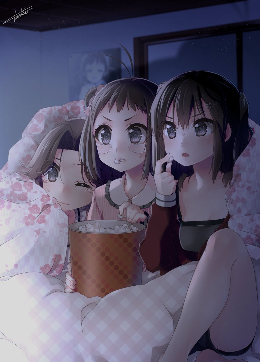 3girls :o ;( antenna_hair bangs bare_legs bare_shoulders barefoot blanket blush bowl breasts brown_hair camisole checkered_pillow cleavage collarbone cup dark double_bun expressionless fingernails floral_print frills frown grey_eyes hair_ornament hairclip highres holding_food indoors jacket jintsuu_(kantai_collection) kantai_collection kneeling ko_ru_ri light light_rays long_sleeves multiple_girls naka_(kantai_collection) open_clothes open_jacket open_mouth pajamas parted_bangs pillow popcorn poster_(object) red_jacket room scrunchie sendai_(kantai_collection) shirt short_hair signature sitting sleeveless sleeveless_shirt sweatdrop tareme teardrop teeth thighs unzipped wavy_mouth wince zipper