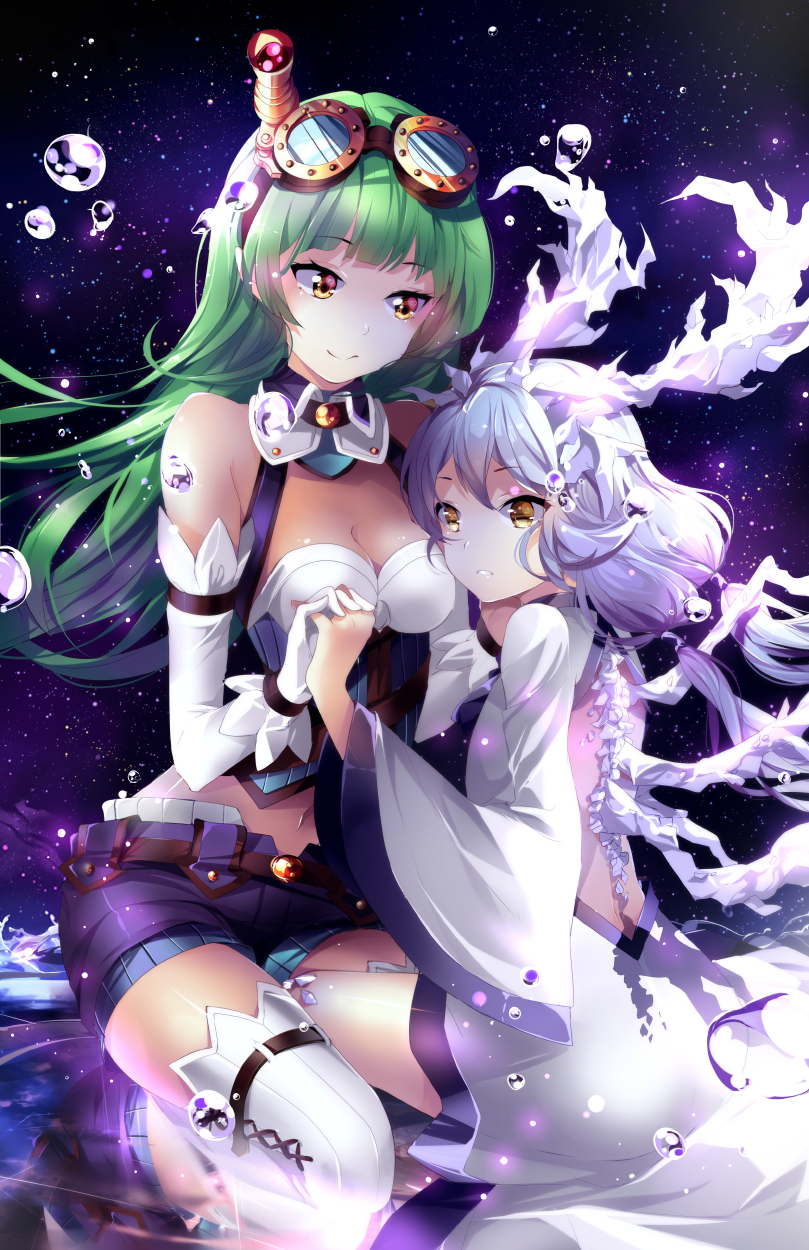 2girls bangs bare_back bare_shoulders belt blunt_bangs breasts brown_eyes bubble choker cleavage crystal elbow_gloves fractal gloves goggles goggles_on_head green_hair highres horns ice interlocked_fingers long_hair long_sleeves low_twintails multiple_girls navel original parted_lips shorts silver_hair sitting sky smile squadra star_(sky) starry_sky stomach thigh-highs twintails vertical_stripes very_long_hair white_gloves white_legwear wide_sleeves zettai_ryouiki