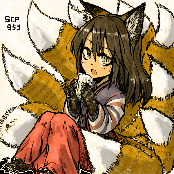 1girl animal_ears animal_hand brown_hair character_name commentary cup fox_ears fox_girl fox_tail korean_clothes kyuubi long_hair monster_girl multiple_tails open_mouth scp-953 scp_foundation sitting solo tail yellow_eyes