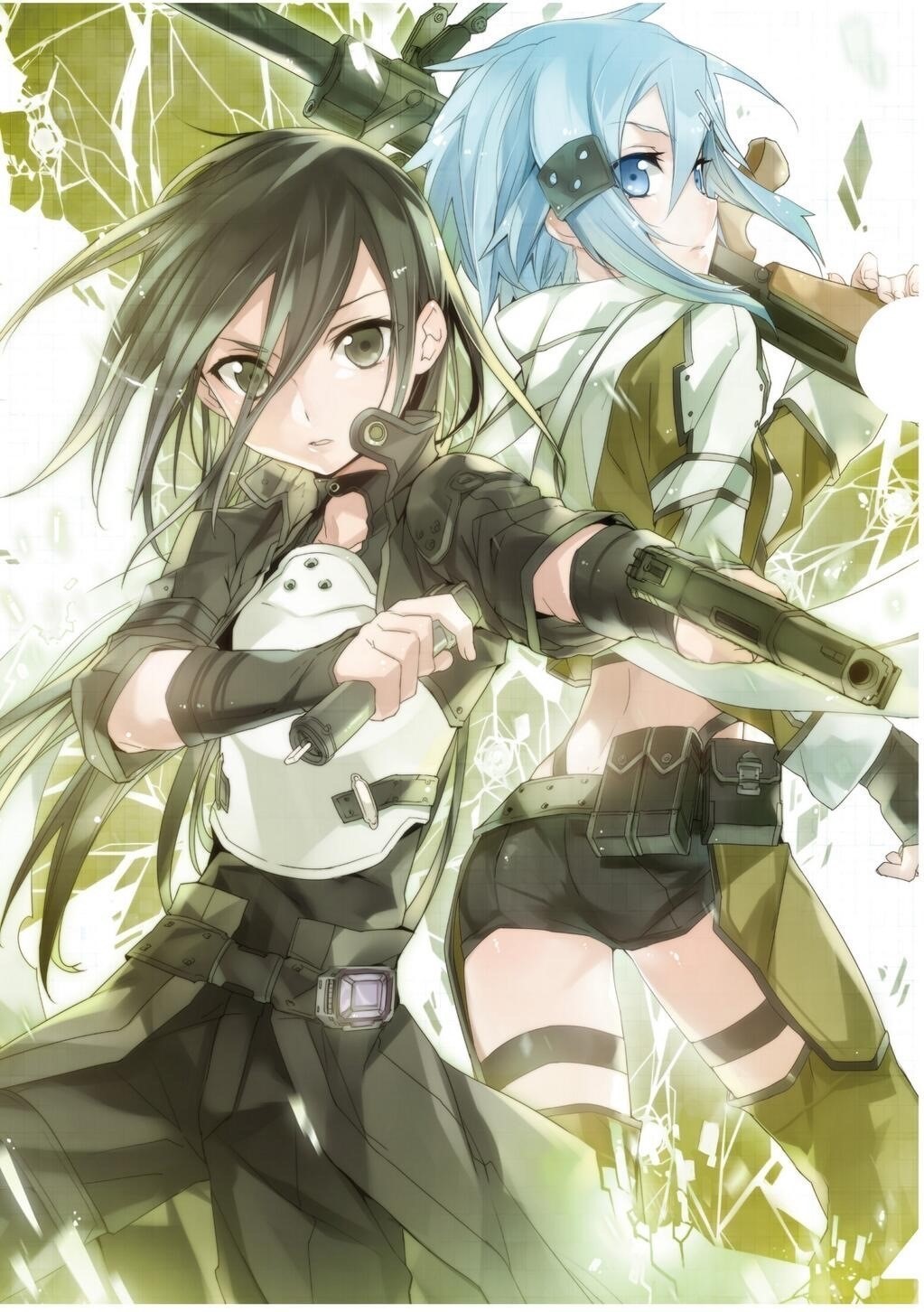 1boy 1girl abec black_hair black_shorts blue_eyes blue_hair gun highres holding_gun holding_weapon kirito kirito_(sao-ggo) long_hair shinon_(sao) short_shorts shorts sword_art_online weapon