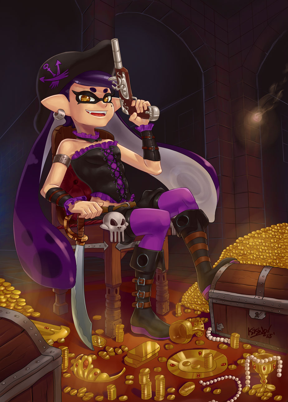 +_+ 1girl alternate_costume antique_firearm aori_(splatoon) arch armlet artist_name bare_shoulders belt black_boots black_hat black_shorts boots brown_eyes buckle bustier chair chalice coin detached_collar domino_mask earrings fangs firearm firelock flintlock frilled_collar frills full_body gold grin gun hat headwear_removed highres holding_gun holding_weapon indoors jewelry kikino knee_boots laces looking_at_viewer mask mole mole_under_eye open_mouth orange_eyes pantyhose parted_lips pearl pirate pirate_hat plate pointy_ears purple_hair purple_legwear rug scimitar shorts signature sitting skull smile solo splatoon strapless sword tentacle_hair tentacles tiara tile_floor tile_wall tiles treasure treasure_chest weapon wrist_cuffs