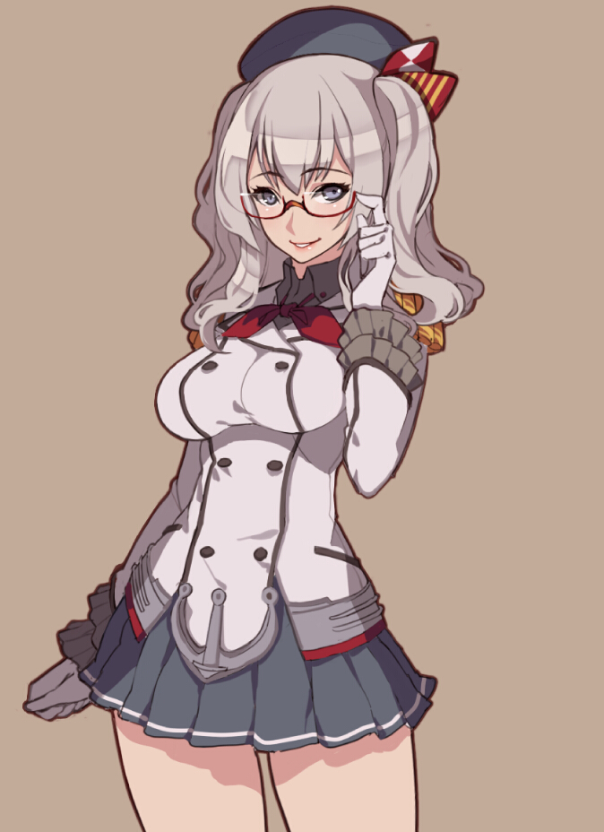1girl adjusting_glasses beret bespectacled black_skirt bow brown_background clenched_hand collar epaulettes frilled_sleeves frills glasses grey_eyes hat hat_bow kantai_collection kashima_(kantai_collection) kugi_ta_hori_taira long_sleeves military military_uniform parted_lips pleated_skirt red-framed_glasses red_ribbon ribbon semi-rimless_glasses silver_hair simple_background skirt solo standing two_side_up under-rim_glasses uniform
