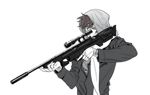 1boy aiming fingerless_gloves gloves gun hood hoodie jacket lowres rifle scarf simple_background sniper_rifle solo weapon white_background