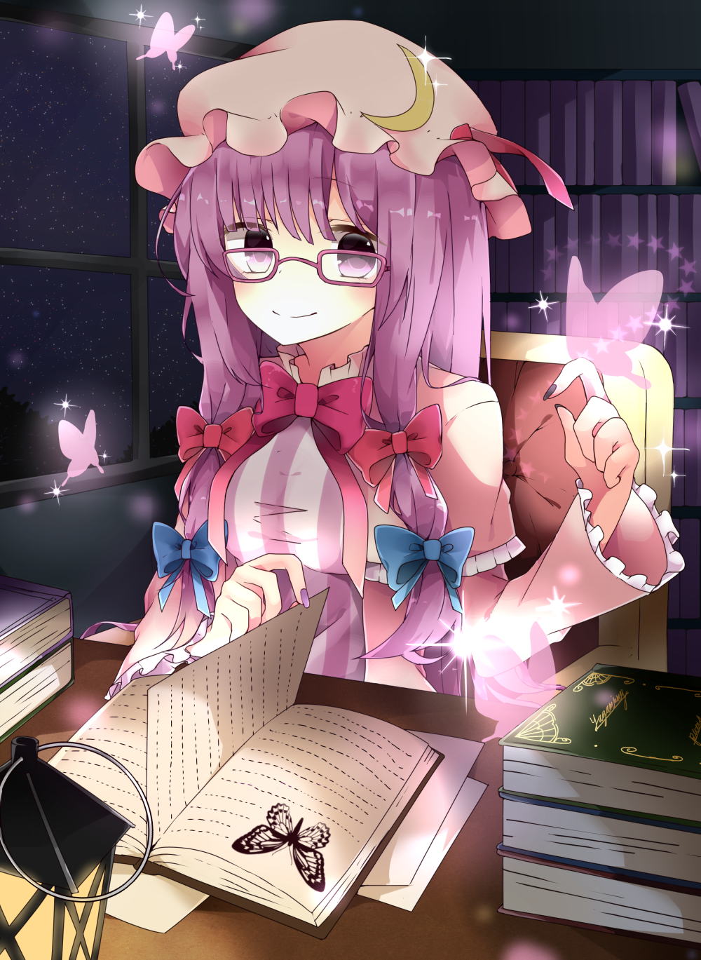 1girl bespectacled blush book book_stack butterfly capelet crescent dress glasses hair_ornament hair_ribbon hat highres long_hair long_sleeves mob_cap nail_polish open_book patchouli_knowledge purple_hair red-framed_glasses ribbon shizuku_(puti_0414) sitting smile solo sparkle striped striped_dress touhou vest violet_eyes wide_sleeves