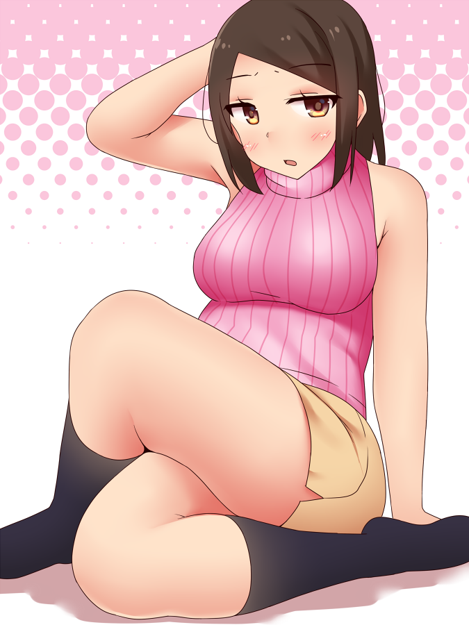 1girl :o arm_behind_head arm_up bangs bare_arms blush breasts brown_eyes brown_hair crossed_legs kneehighs large_breasts looking_at_viewer open_mouth original sakaura_(layer255) short_hair shorts simple_background solo sweater_vest swept_bangs vertical_stripes