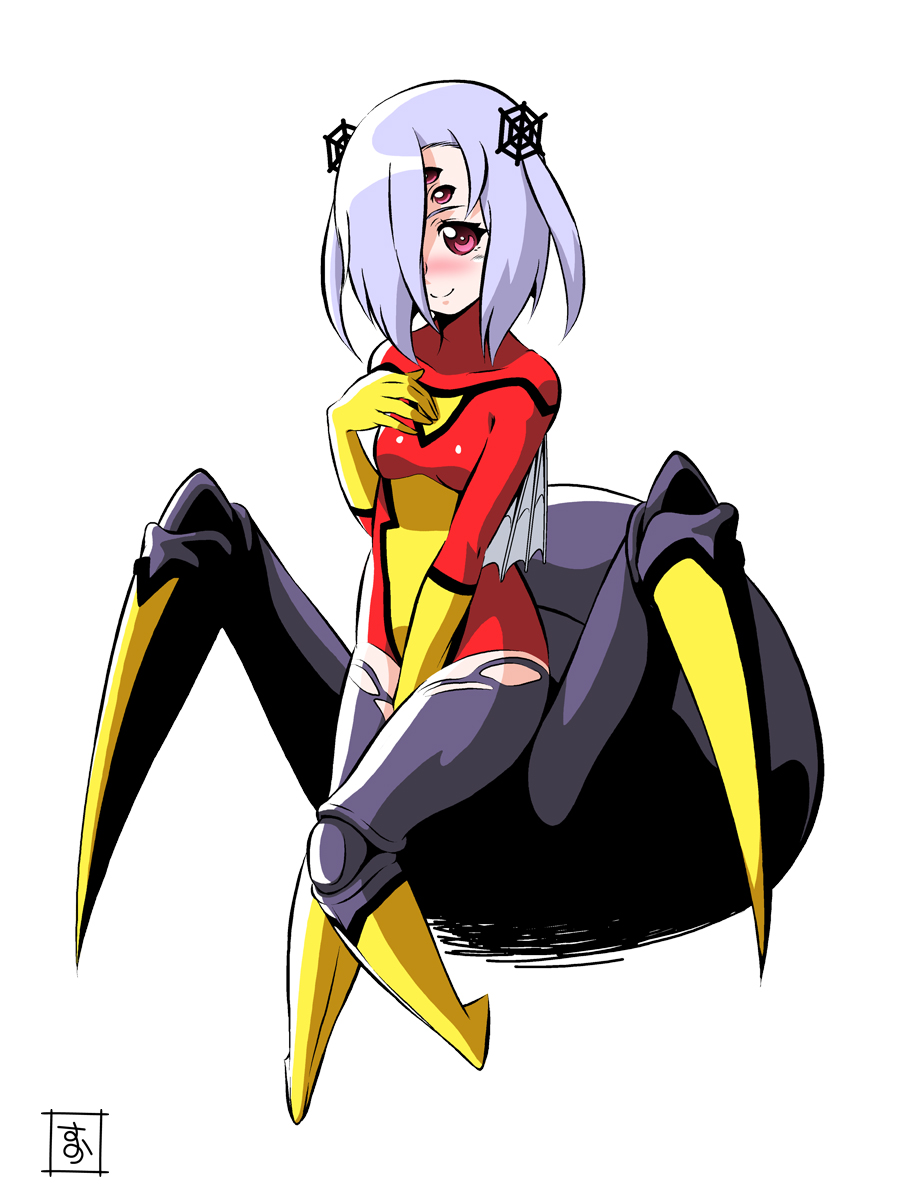 1girl arachne blush carapace cosplay covering covering_crotch extra_eyes female highres insect_girl lavender_hair marvel monster_musume_no_iru_nichijou pink_eyes rachnera_arachnera s-now signature simple_background smile solo spider-woman spider-woman_(cosplay) spider_girl white_background younger