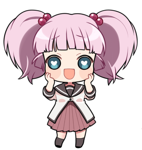 1girl :d blue_eyes chibi hair_bobbles hair_ornament hands_on_own_cheeks hands_on_own_face heart heart-shaped_pupils lowres open_mouth pink_hair school_uniform serafuku smile symbol-shaped_pupils twintails yoshikawa_chinatsu yurichika_(pixiv3221904) yuru_yuri