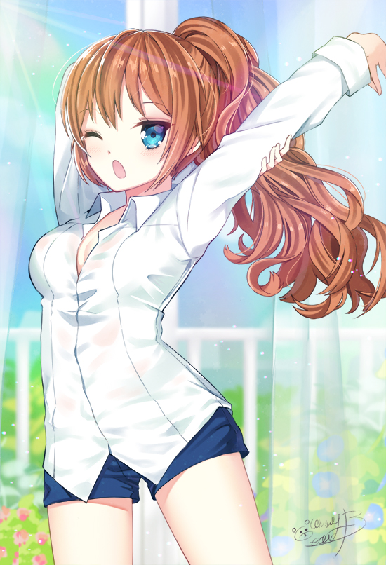 blue_eyes breasts brown_hair cleavage curtains gummy_bear jellybear one_eye_closed shirt shorts yawning