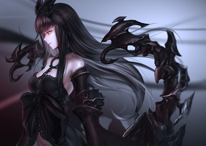 1girl black_bow black_hair bow breasts chain choker glowing glowing_eyes gothic_lolita grey_background hair_bow kantai_collection large_breasts lolita_fashion long_hair profile red_eyes seaplane_tender_hime shinkaisei-kan solo sturmjager upper_body very_long_hair