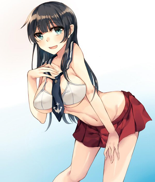 1girl agano_(kantai_collection) bent_over between_breasts black_hair blue_eyes bra breasts collarbone detached_collar kantai_collection large_breasts long_hair looking_at_viewer miniskirt navel necktie necktie_between_breasts open_mouth pose rinarisa skirt smile solo under_boob underwear very_long_hair white_bra