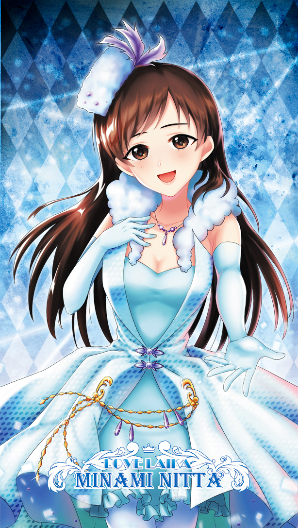 1girl artist_request bare_shoulders breasts brown_eyes brown_hair dress elbow_gloves feathers gloves hair_feathers hat idolmaster idolmaster_cinderella_girls jewelry long_hair necklace nitta_minami open_mouth outstretched_hand pantyhose pure_white_memories smile solo white_hat