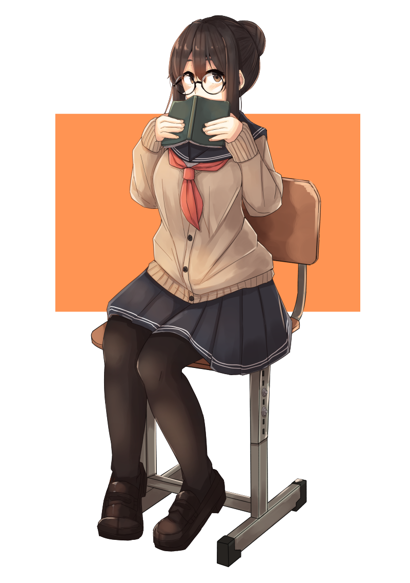 1girl black-framed_glasses blazer blue_skirt blush book brown_eyes brown_hair brown_shoes buttons chair covering_mouth full_body glasses hair_bun holding holding_book long_sleeves looking_to_the_side neckerchief open_book original pantyhose plan_(planhaplalan) pleated_skirt round_glasses sailor_collar school_uniform shoes short_hair skirt solo