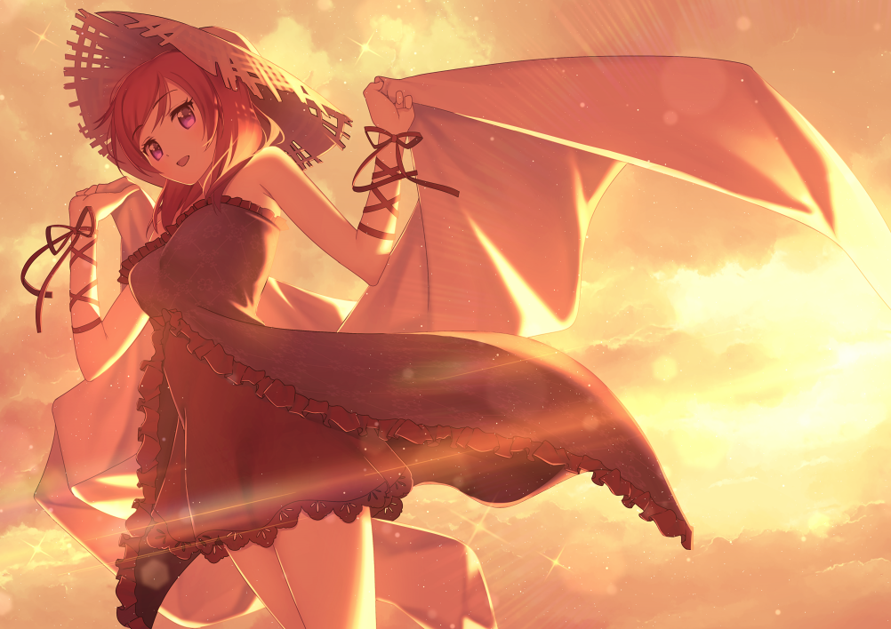 1girl :d arm_ribbon backlighting bangs bare_shoulders clouds cowboy_shot dress frilled_dress frills hat lace-trimmed_dress lens_flare love_live!_school_idol_project nagareboshi nishikino_maki open_mouth orange_(color) outdoors red_dress redhead ribbon shawl sky sleeveless sleeveless_dress smile solo star_(sky) straw_hat sun sunlight swept_bangs violet_eyes wind yellow_sky