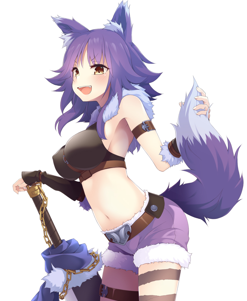 1girl :d animal_ear_fluff animal_ears arm_belt arm_strap armpits bangs bare_shoulders belt between_breasts black_shirt blush breasts brown_belt chain commentary_request covered_nipples cowboy_shot eyebrows_visible_through_hair fur-trimmed_shorts fur_trim highres holding_tail large_breasts leg_belt long_hair looking_at_viewer makoto_(princess_connect!) midriff mofu_namako navel open_mouth planted_sword planted_weapon princess_connect! princess_connect!_re:dive purple_hair purple_shorts shirt shorts sidelocks simple_background sleeveless sleeveless_shirt smile solo standing sword tail upper_teeth vambraces weapon white_background wolf_ears wolf_girl wolf_tail yellow_eyes