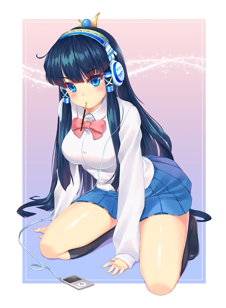 1girl black_hair black_legwear blue_eyes blush breasts commentary_request digital_media_player egyptian hair_tubes hairband headdress headphones ipod isis_(p&amp;d) kneehighs large_breasts loneteel long_hair mouth_hold pocky pocky_kiss puzzle_&amp;_dragons school_uniform shared_food skirt solo thighs very_long_hair