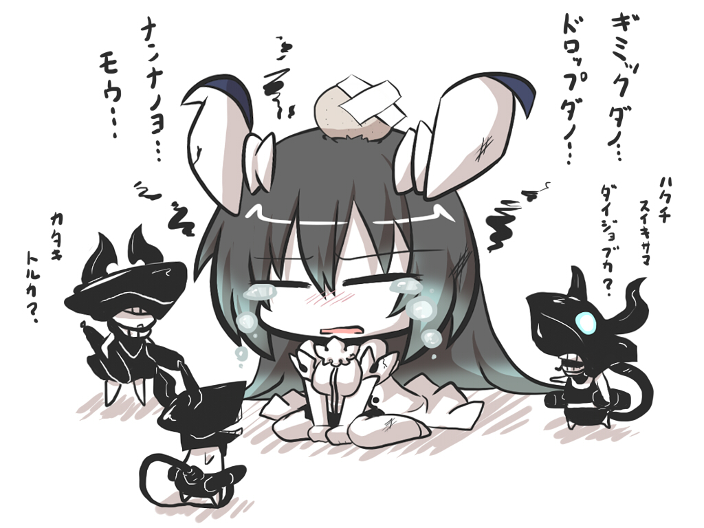 anchorage_water_oni black_hair chibi closed_eyes commentary covered_eyes crossed_bandaids crying dress glowing glowing_eyes gomasamune head_bump horns kantai_collection long_hair open_mouth overskirt pt_imp_group shinkaisei-kan tears translated white_dress
