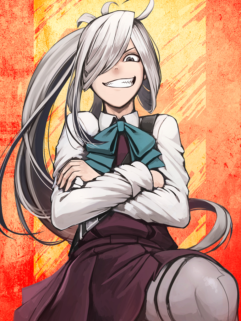 1girl ahoge asashimo_(kantai_collection) bowtie crossed_arms grey_eyes grin hair_over_one_eye hetza_(hellshock) kantai_collection long_hair long_sleeves looking_at_viewer pantyhose school_uniform sharp_teeth silver_hair skirt smile solo