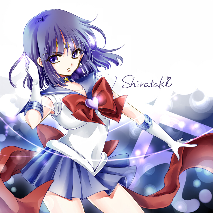 1girl artist_name bishoujo_senshi_sailor_moon blue_skirt bow brooch choker cowboy_shot earrings elbow_gloves expressionless gloves jewelry magical_girl pleated_skirt purple_hair red_bow sailor_collar sailor_saturn saturn_symbol shirataki_kaiseki short_hair signature skirt solo super_sailor_saturn tiara tomoe_hotaru violet_eyes white_gloves