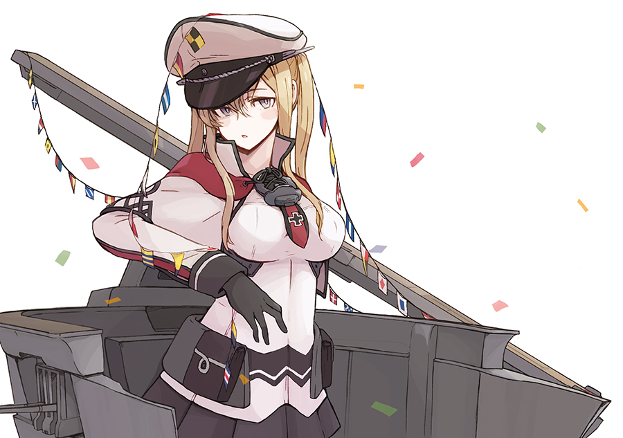 1girl blonde_hair breasts enu_(roco_roco44) gloves graf_zeppelin_(kantai_collection) grey_eyes hat kantai_collection large_breasts machinery miniskirt peaked_cap skirt solo twintails uniform