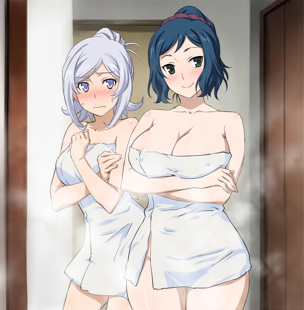 /\/\/\ 2girls aila_jyrkiainen black_eyes blue_eyes blue_hair blush breasts cleavage cowboy_shot crossed_arms furrowed_eyebrows girl gundam gundam_build_fighters hair_up iori_rinko large_breasts long_hair looking_at_viewer multiple_girls shoumaru_(gadget_box) silver_hair smile thigh_gap tied_hair towel wide_hips