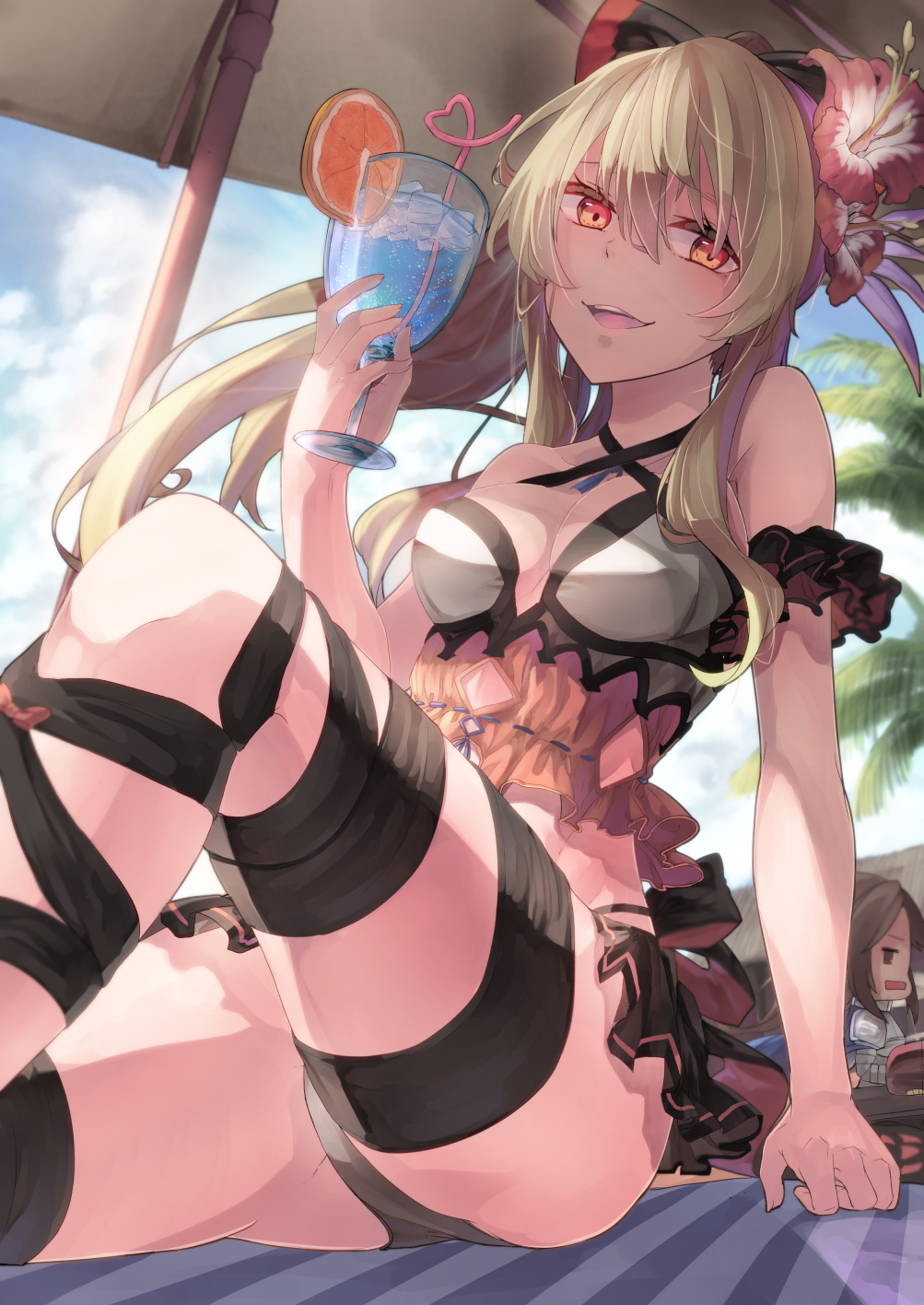 2girls armor bangs beach_umbrella black_panties black_ribbon black_skirt blonde_hair blue_sky bow breasts brown_eyes brown_hair cape catalina_(granblue_fantasy) chibi cleavage clouds cocktail cup drink drinking_glass drinking_straw flower frills granblue_fantasy hair_between_eyes hair_bow hair_flower hair_ornament heart_straw hibiscus highleg highleg_panties highres holding holding_drinking_glass ice_cube leg_ribbon long_hair midriff miniskirt multiple_girls open_mouth orange_slice palm_tree panties pantyshot pantyshot_(sitting) pleated_skirt ponytail red_bow red_eyes ribbon ribbon-trimmed_clothes ribbon_trim saraki sitting skirt sky smile solo_focus striped summer tree underwear vira
