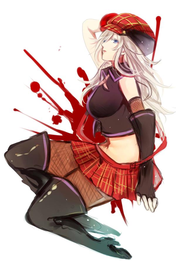 1girl alisa_ilinichina_amiella arms_up blood blue_eyes boots breasts cabbie_hat elbow_gloves fingerless_gloves gloves god_eater god_eater_burst hat large_breasts long_hair looking_at_viewer navel pantyhose plaid simple_background skirt solo suspender_skirt suspenders thigh-highs thigh_boots