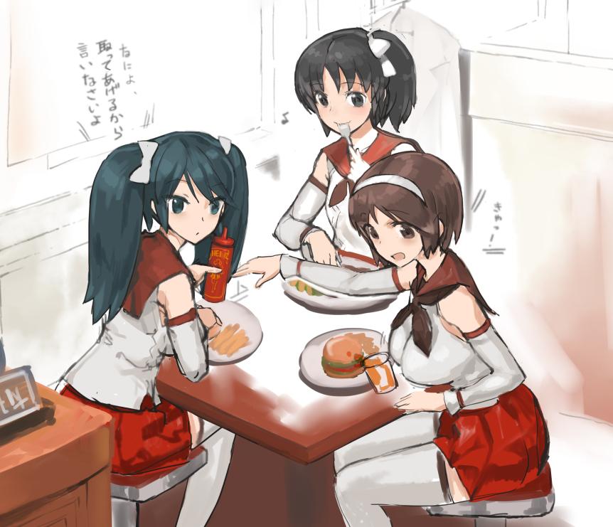 3girls black_hair blue_eyes blue_hair breasts brown_eyes brown_hair commentary cup detached_sleeves drinking_glass eating food fork french_fries hair_ribbon hairband hamburger isuzu_(kantai_collection) japanese_clothes kantai_collection kuuro_kuro large_breasts long_hair multiple_girls nagara_(kantai_collection) natori_(kantai_collection) open_mouth plate pleated_skirt ribbon school_uniform serafuku short_hair side_ponytail sitting skirt translated twintails