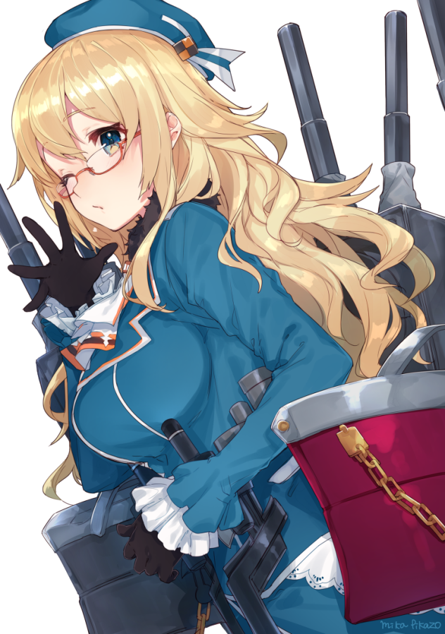 1girl ;o artist_name atago_(kantai_collection) beret bespectacled black_gloves blonde_hair blue_eyes chain cowboy_shot frilled_sleeves frills glasses gloves hat kantai_collection long_hair machinery mika_pika_zo one_eye_closed red-framed_glasses semi-rimless_glasses solo under-rim_glasses uniform