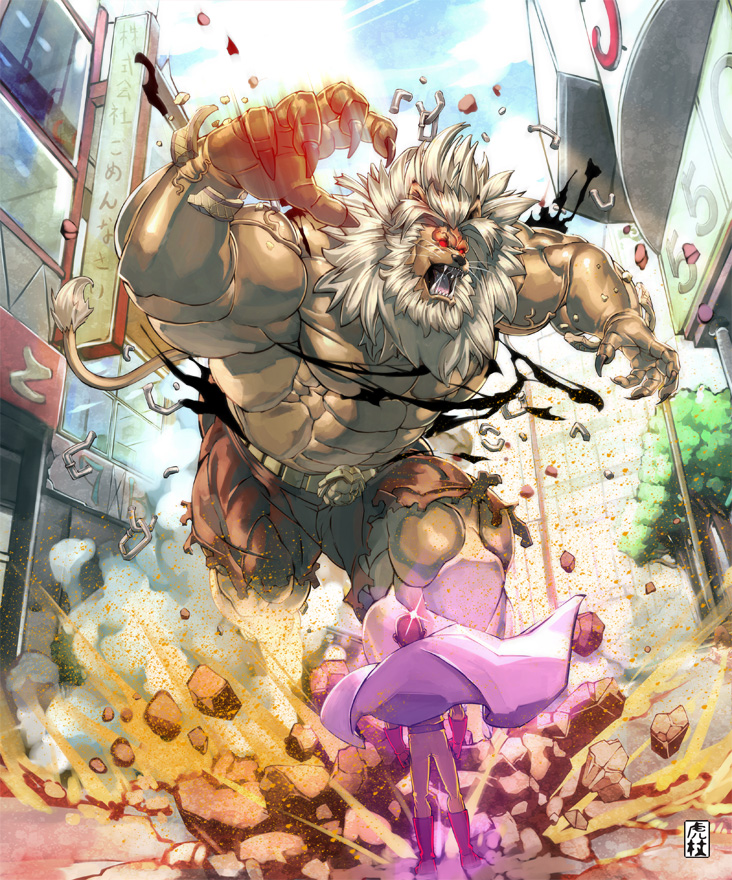 2boys animal_ears attack aura bald beast_king_(onepunch_man) bodysuit boots broken broken_chain cape chain city claws dust fangs from_behind gloves glowing glowing_eyes height_difference itadori_shuu lion lion_ears lion_mane lion_tail multiple_boys muscle onepunch_man red_eyes rubble saitama_(onepunch_man) size_difference standing tail torn_clothes