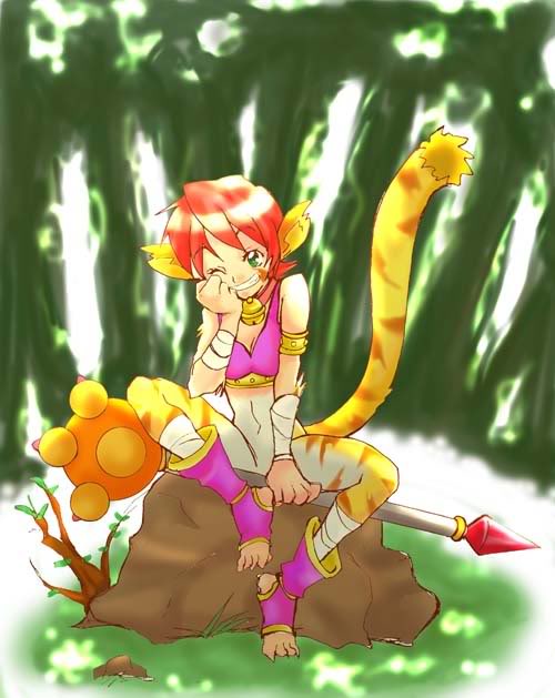 1girl animal_ears artist_request blush breasts breath_of_fire breath_of_fire_ii bustier cat_ears cat_tail claws facial_mark full_body furry gloves green_eyes no_panties no_pants open_mouth orange_hair rinpoo_chuan short_hair solo source_request tail