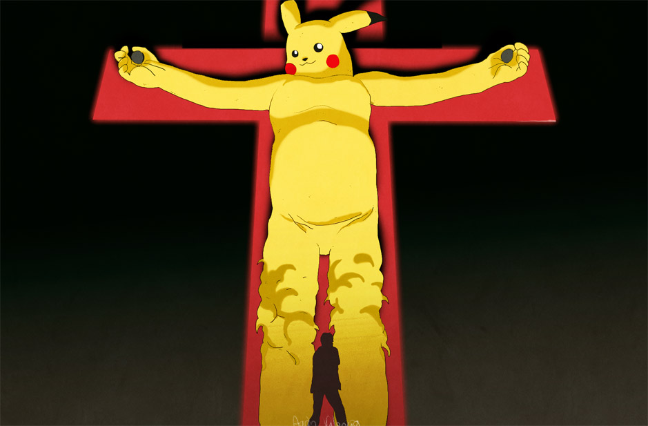 cross crucifixion end_of_evangelion lilith_(evangelion) looking_up miniboy mouse neon_genesis_evangelion parody pikachu pokemon pokemon_trainer size_difference