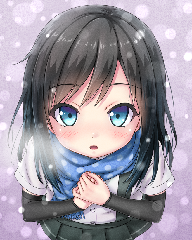 1girl arm_warmers asashio_(kantai_collection) black_hair blue_eyes blush commentary_request gotou_hisashi kantai_collection long_hair looking_at_viewer open_mouth pleated_skirt scarf school_uniform shirt skirt snow snowing solo suspenders