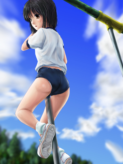 1girl ass black_hair blue_sky blush brown_hair buruma climbing from_behind kneepits original outdoors parted_lips phazer shirt shoe_soles shoes short_hair short_sleeves sky socks solo sportswear white_legwear white_shirt white_shoes