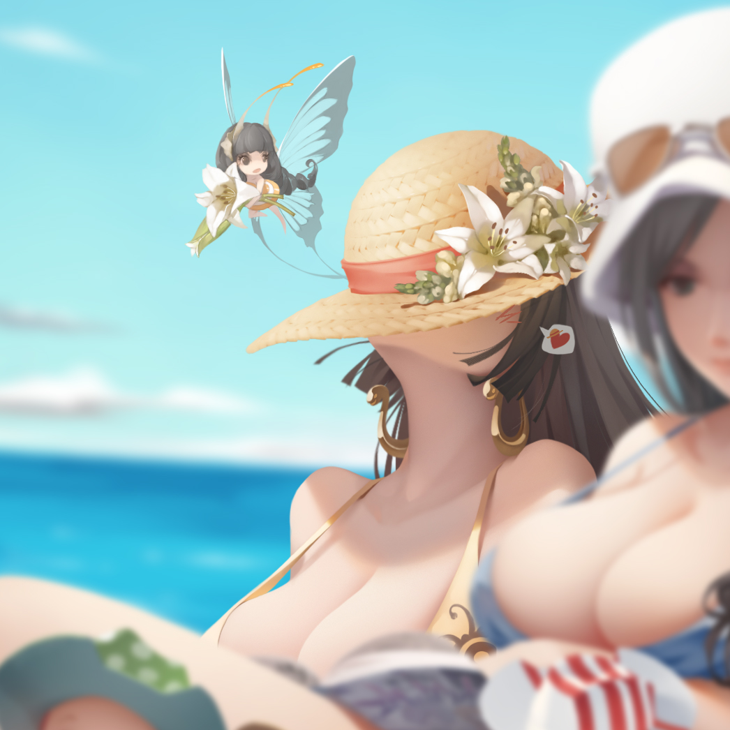 2girls b.bor beach bikini black_hair blush boa_hancock breasts character_request cleavage earrings fairy flower hat hat_over_eyes heart hidden_face jewelry multiple_girls nico_robin one_piece out_of_frame straw_hat sunglasses swimsuit water