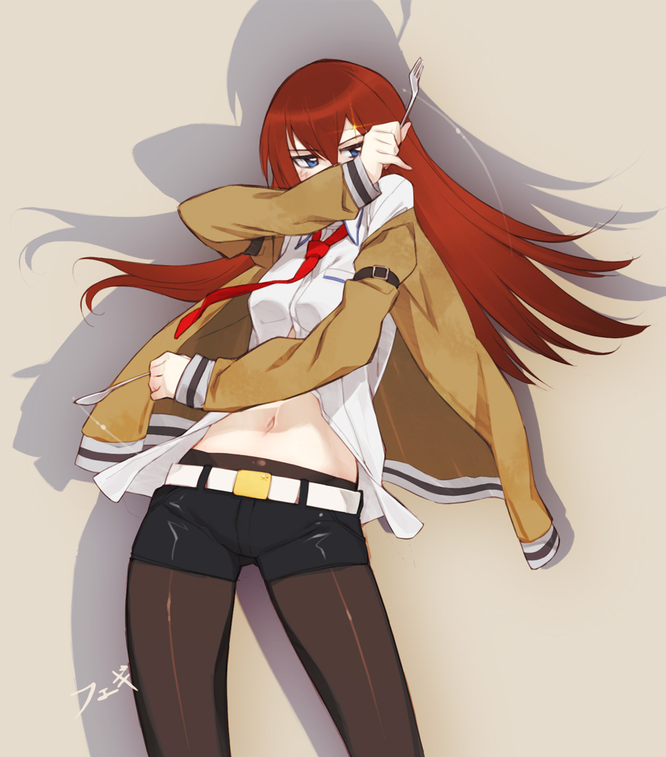 1girl belt black_legwear blue_eyes cowboy_shot feguimel fork jacket jojo_pose long_hair makise_kurisu navel necktie pantyhose redhead shorts solo spoon steins;gate