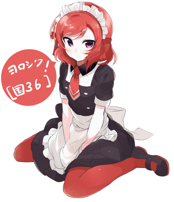1girl apron between_legs blush expressionless frilled_apron full_body hand_between_legs japanese looking_at_viewer love_live!_school_idol_project maid maid_apron maid_headdress mary_janes nishikino_maki pantyhose red_legwear redhead shoes short_hair simple_background sitting small_breasts text totoki86 translation_request violet_eyes waist_apron wariza wavy_hair white_background
