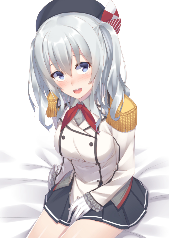 1girl beret blue_eyes blush breasts buttons commentary_request epaulettes gloves hat jacket kantai_collection kashima_(kantai_collection) kerchief large_breasts long_hair looking_at_viewer mikazuchi_zeus military military_uniform sidelocks silver_hair sitting skirt smile solo tsurime twintails uniform wavy_hair white_gloves