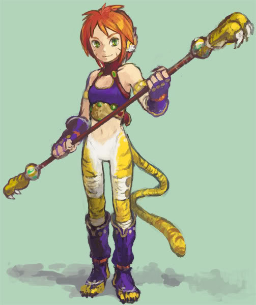 1girl animal_ears artist_request blush breasts breath_of_fire breath_of_fire_ii bustier cat_ears cat_tail claws facial_mark full_body furry gloves green_eyes no_panties no_pants open_mouth orange_hair rinpoo_chuan short_hair solo source_request staff tail