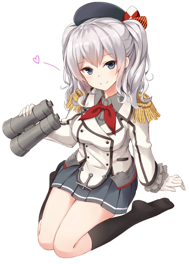 1girl arm_support binoculars breasts full_body gloves grey_eyes hat heart kantai_collection kashima_(kantai_collection) large_breasts long_hair long_sleeves looking_at_viewer military military_uniform miniskirt note_(aoiro_clip) pleated_skirt silver_hair simple_background sitting skirt smile solo tsurime twintails uniform wariza white_background white_gloves