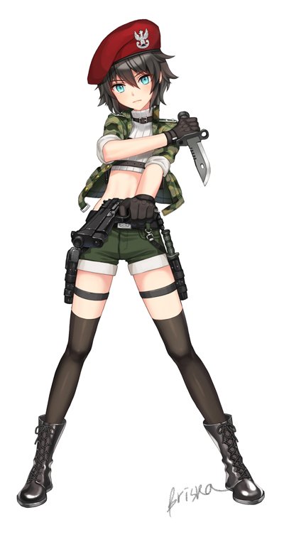1girl artist_name beret black_boots black_gloves black_hair black_legwear blue_eyes boots briska buttons camouflage closed_mouth cross-laced_footwear dagger dual_wielding finger_on_trigger flat_chest frown full_body gloves green_shorts gun hair_between_eyes handgun hat holding_gun holding_weapon jacket lace-up_boots legs_apart logo looking_at_viewer midriff military original ribbed_sweater short_hair signature simple_background sleeves_rolled_up solo standing sweater text thigh-highs thigh_strap turtleneck weapon weapon_bag white_background