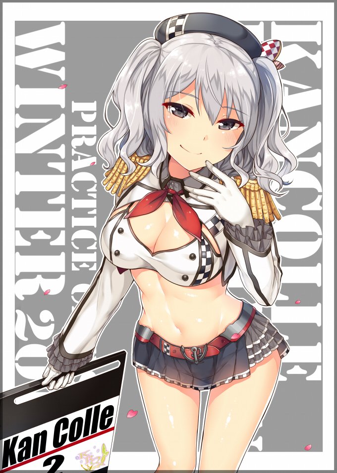 1girl adapted_costume blue_eyes blush breasts epaulettes gloves hat horosuke_(toot08) kantai_collection kashima_(kantai_collection) long_hair looking_at_viewer military military_uniform miniskirt racequeen silver_hair skirt smile solo twintails uniform