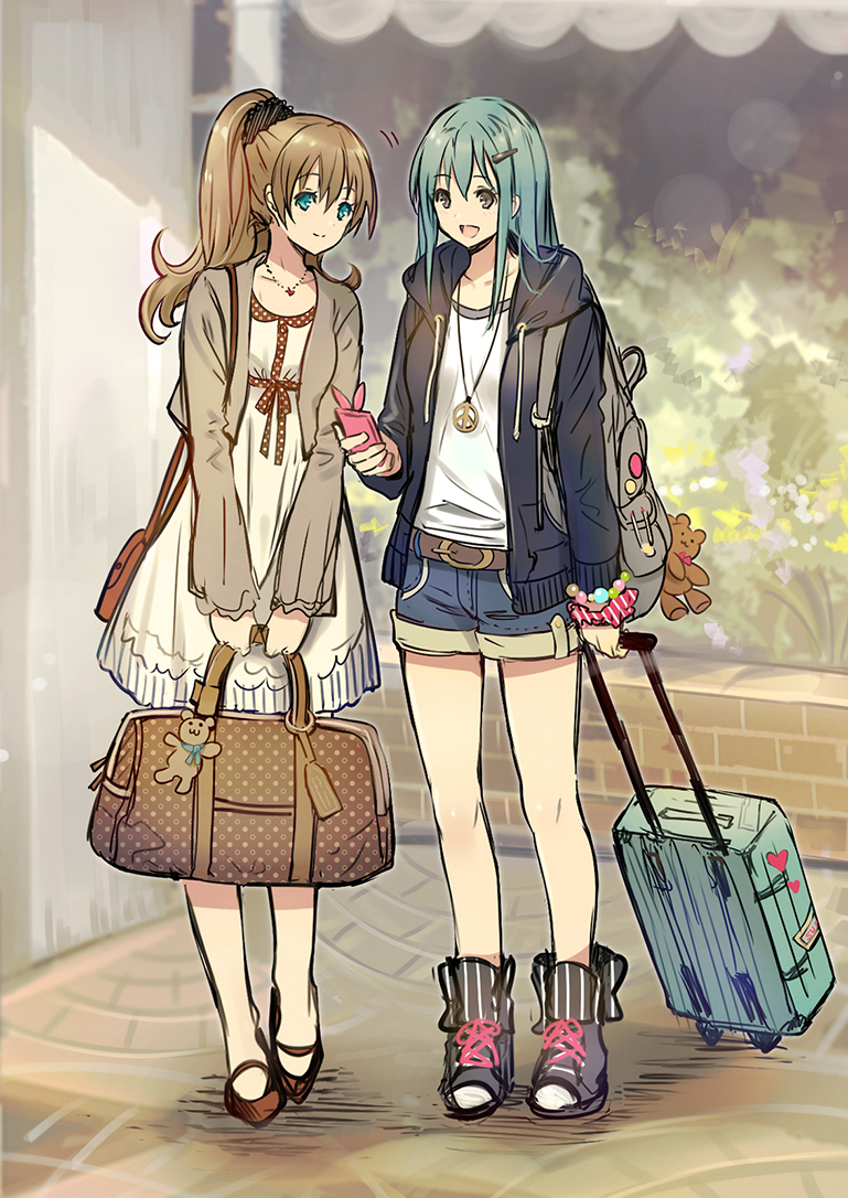 2girls :d aqua_eyes aqua_hair arm_at_side backpack bag bag_charm bangs bare_legs bare_shoulders belt black_boots blouse blue_eyes boots bracelet brown_hair brown_shoes buckle building casual cellphone crop_top cross-laced_footwear denim denim_shorts dress full_body grey_eyes hair_ornament hair_scrunchie hairclip high_ponytail holding_bag holding_phone hood_down hoodie jacket jewelry kantai_collection kumano_(kantai_collection) long_hair long_sleeves looking_down luggage madogawa multiple_girls necklace necktie no_socks open_clothes open_hoodie open_mouth outdoors pavement peace_symbol pendant phone polka_dot ponytail rolling_suitcase scrunchie shirt shoes short_dress short_shorts shorts shoulder_bag side-by-side smile standing sticker suitcase suzuya_(kantai_collection) v_arms white_dress white_shirt window wrist_scrunchie