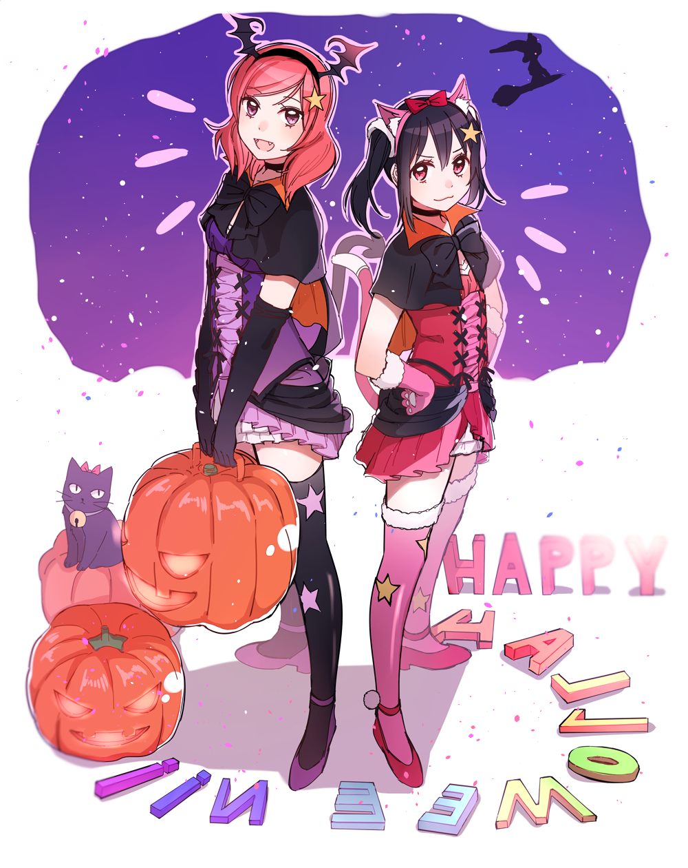 14_(vision5032) 2girls :3 animal_ears bat_wings bell bell_collar black_cat black_hair cat cat_ears cat_tail collar elbow_gloves fang gloves hair_ornament hair_ribbon hairband halloween hands_on_hips highres jack-o'-lantern looking_at_viewer love_live!_school_idol_project multiple_girls nishikino_maki open_mouth paw_gloves red_eyes redhead ribbon star_hair_ornament tail thigh-highs twintails violet_eyes winged_hairband wings yazawa_nico