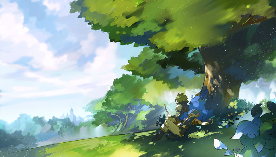 2boys blue_sky book boots bow_(weapon) clouds cloudy_sky covered_face fire_emblem fire_emblem:_fuuin_no_tsurugi gloves grass green_hair headband lying multiple_boys noki_(affabile) on_back open_book outdoors pants redhead roy_(fire_emblem) shade short_sleeves sitting sky sleeping tree tree_shade under_tree weapon wolt