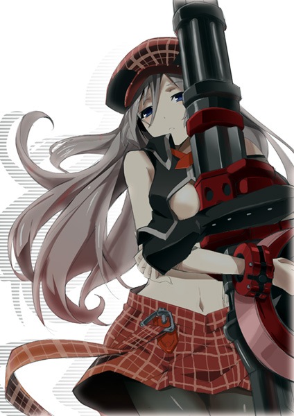 1girl alisa_ilinichina_amiella blue_eyes boots breasts cabbie_hat elbow_gloves fingerless_gloves gloves god_eater god_eater_burst gun hat holding_weapon huge_weapon large_breasts long_hair looking_at_viewer navel pantyhose plaid simple_background skirt solo suspender_skirt suspenders thigh-highs thigh_boots under_boob weapon