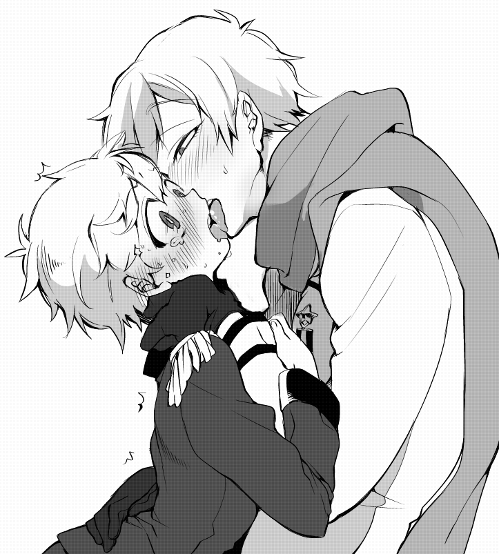 2boys akiomi_aiko axis_powers_hetalia blush epaulettes french_kiss kiss latvia_(hetalia) male_focus monochrome multiple_boys russia_(hetalia) short_hair tears yaoi