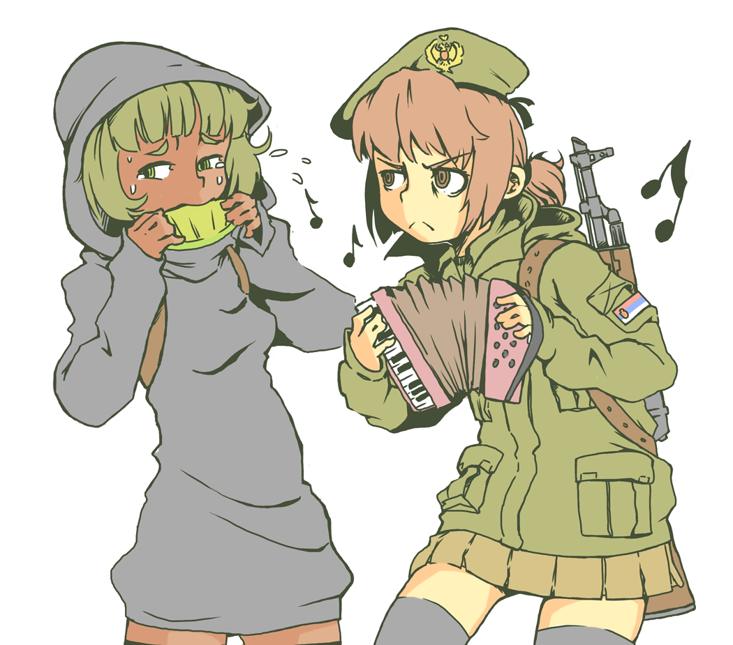 2girls accordion akm assault_rifle beret commentary flying_sweatdrops food frown fruit gun hat instrument isis-chan jarv md5_mismatch melon meme military military_uniform multiple_girls musical_note parody rifle serbia tagme tears uniform weapon zastava_m70