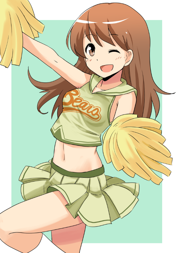 1girl bare_arms brown_eyes brown_hair cheering cheerleader crop_top crop_top_overhang kantai_collection long_hair midriff navel one_eye_closed ooi_(kantai_collection) open_mouth pleated_skirt pom_poms redhead shirt skirt skirt_set sleeveless sleeveless_shirt smile solo taishi_(moriverine)